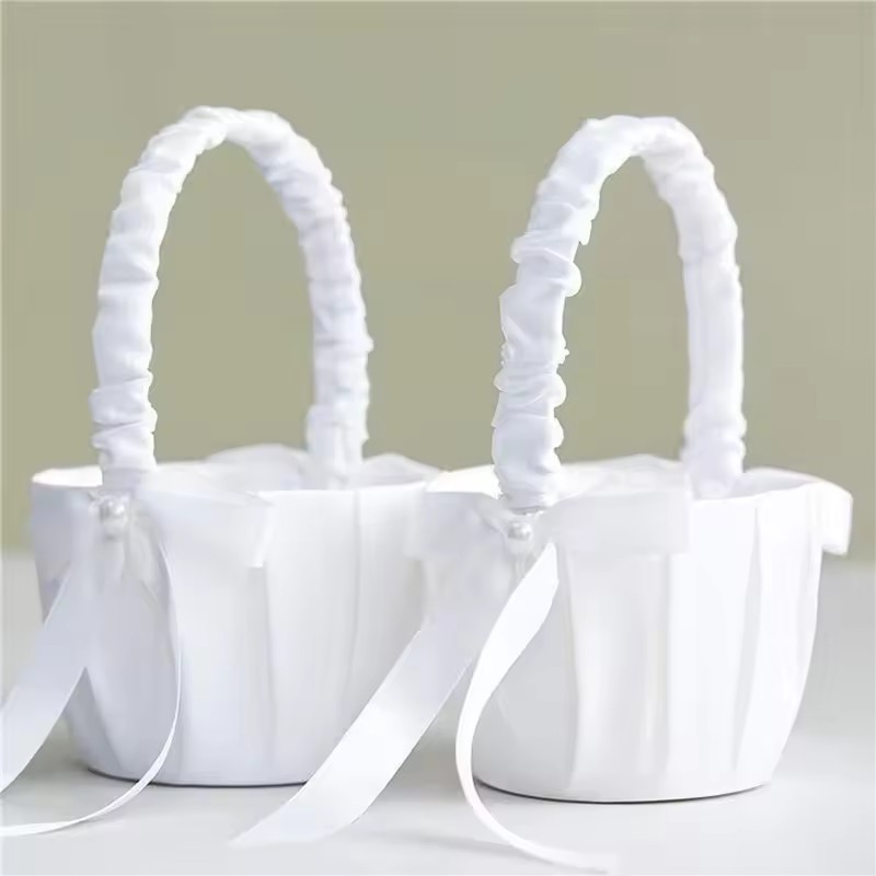 Wedding Hampers - 웨딩 화이트 새틴 리본 꽃바구니 진주