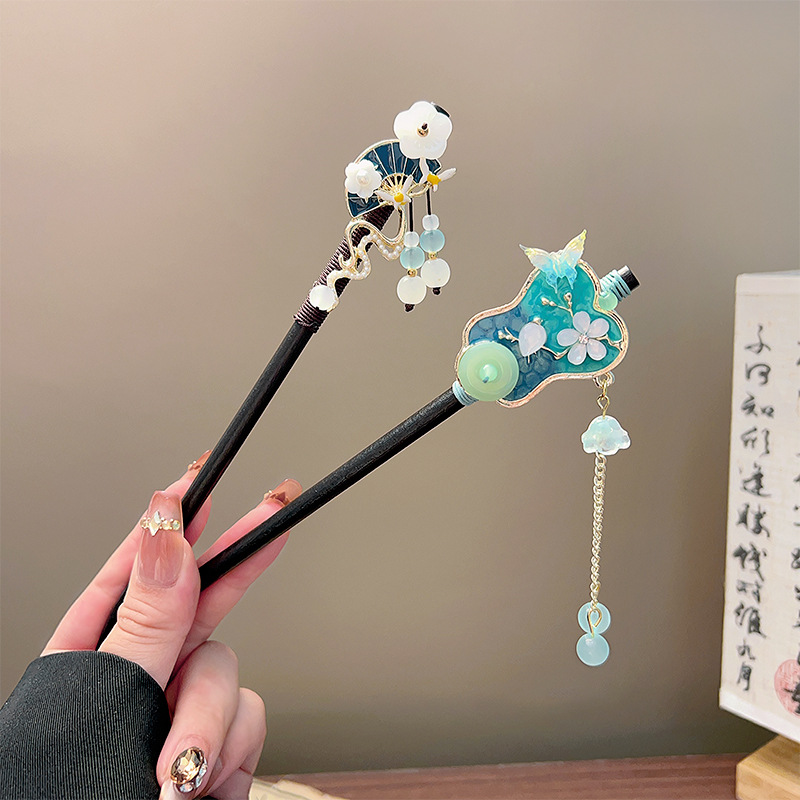 클래식 태슬 헤어 스틱 블랙 나무 꽃 진주 머리핀 중국 - Wedding Decoration Supply 리뷰 및 가격