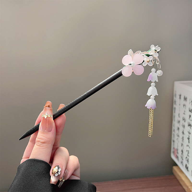 클래식 태슬 헤어 스틱 블랙 나무 꽃 진주 머리핀 중국 - Wedding Decoration Supply 리뷰 및 가격